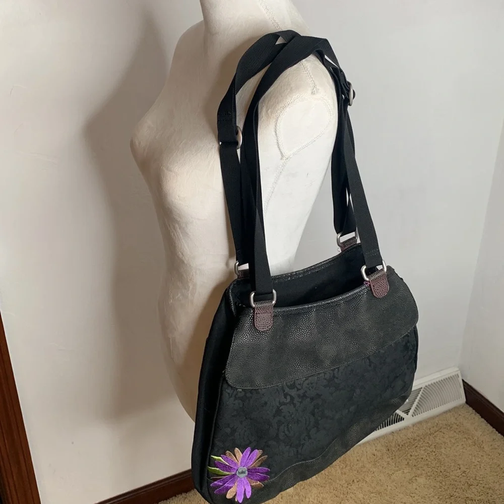 Haiku Black Purple Flower Large Satchel Shoulder Bag. MCB3605